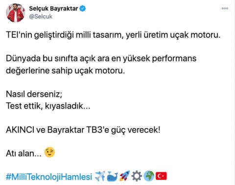 Selçuk Bayraktar,Yerli Üretim Uçak Motoru Duyurdu